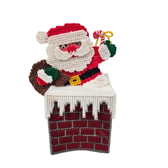 Vintage Handmade Red 3D Christmas Santa in Chimney Needlepoint Tissue Box Cover - Picture 1 of 9